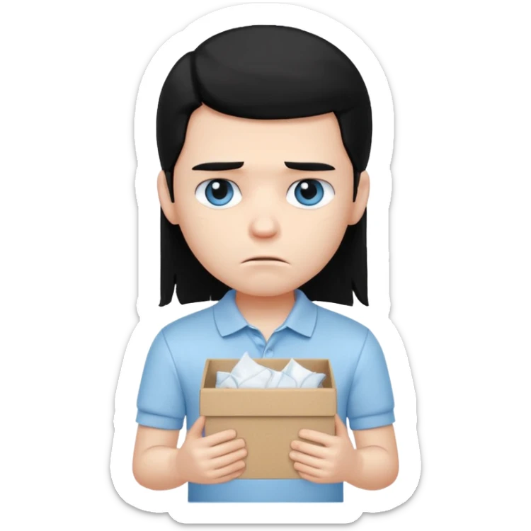generate a pretty bratz boy with long black hair, wearing a white polo shirt. Looking sad, holding a box of tissues sticker
