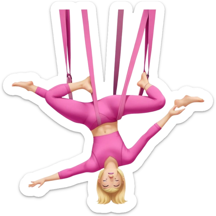 Blonde girl in pink workout clothes doing aerial yoga sticker