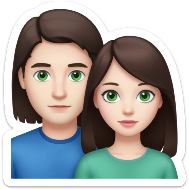 pink polaroid photo of a couple thats white with long brunette hair blue eyes and a white guy with short brunette hair and green eyes sticker