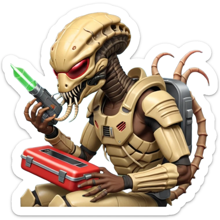 The Predator, as in the 1987 movie, with full armor, shoulder laser gun and mask eating an Alien facehugger from a lunchbox, the setting should be dark and sci-fi. sticker