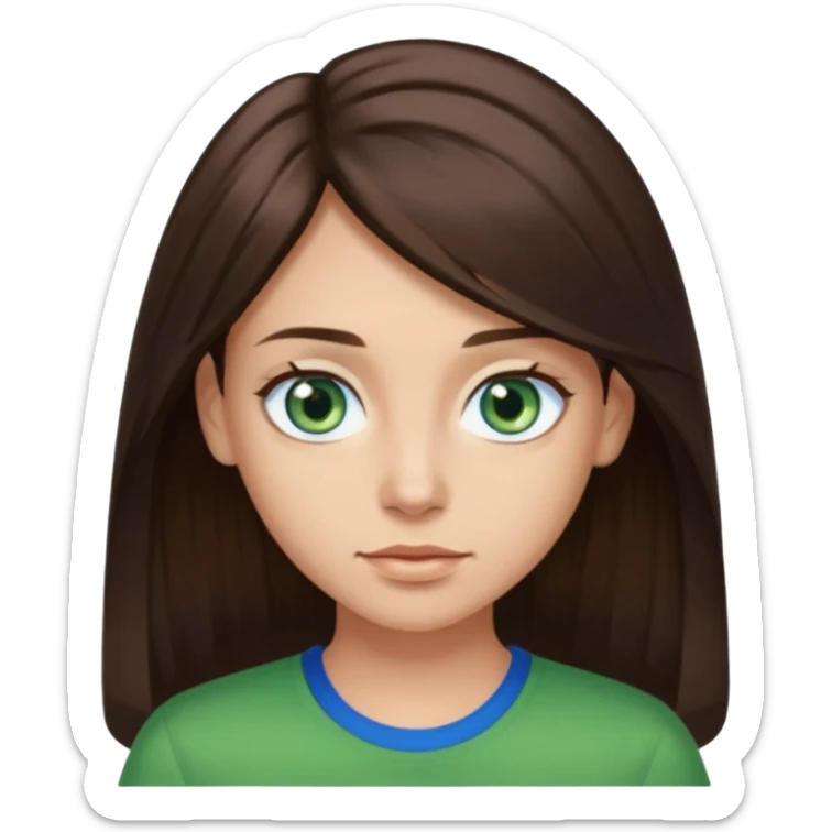 long dark brown hair with highlights in the front, big blue eyes clear skin with neck and green top on sticker