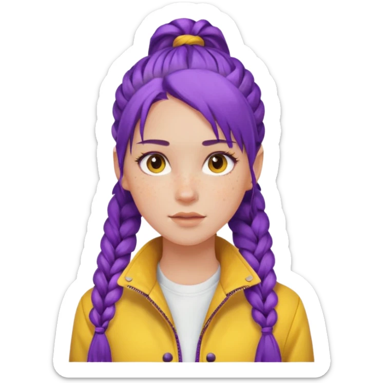 a beautiful girl face, long purple high pony braided hair from the forehead, wearing a white shirt and a yellow jacket sticker