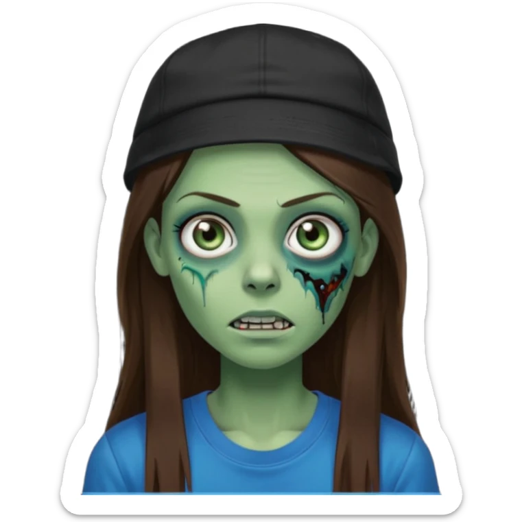 zombie woman, very long straight brown hair, blue eyes, green skin, black t-shirt, black backwards cap  sticker