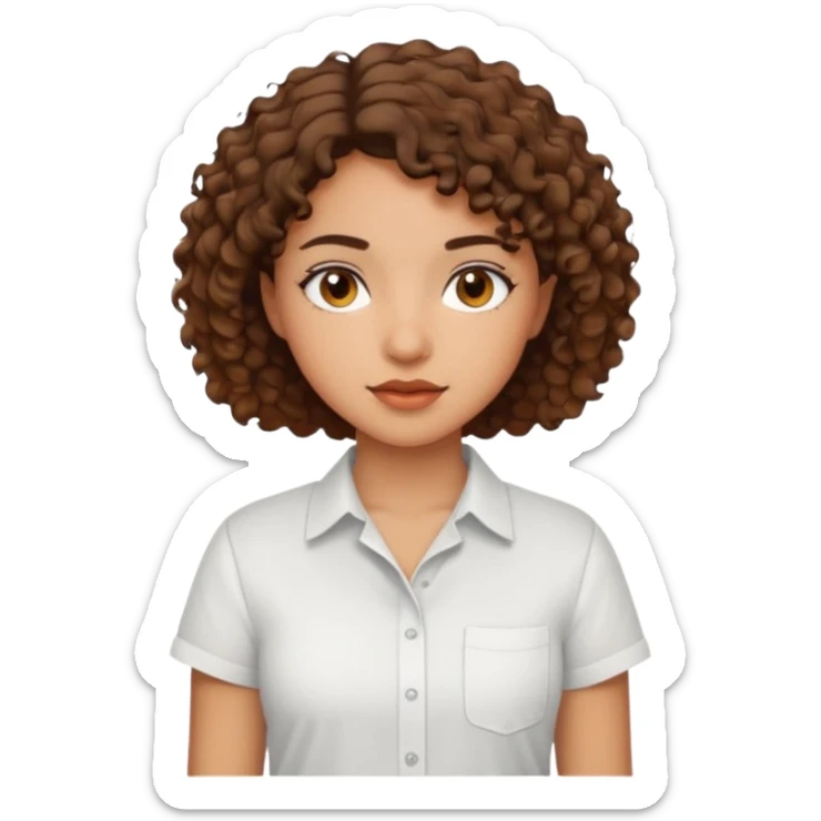 A Latina girl with brown eyes and short curly hair with a white shirt sticker
