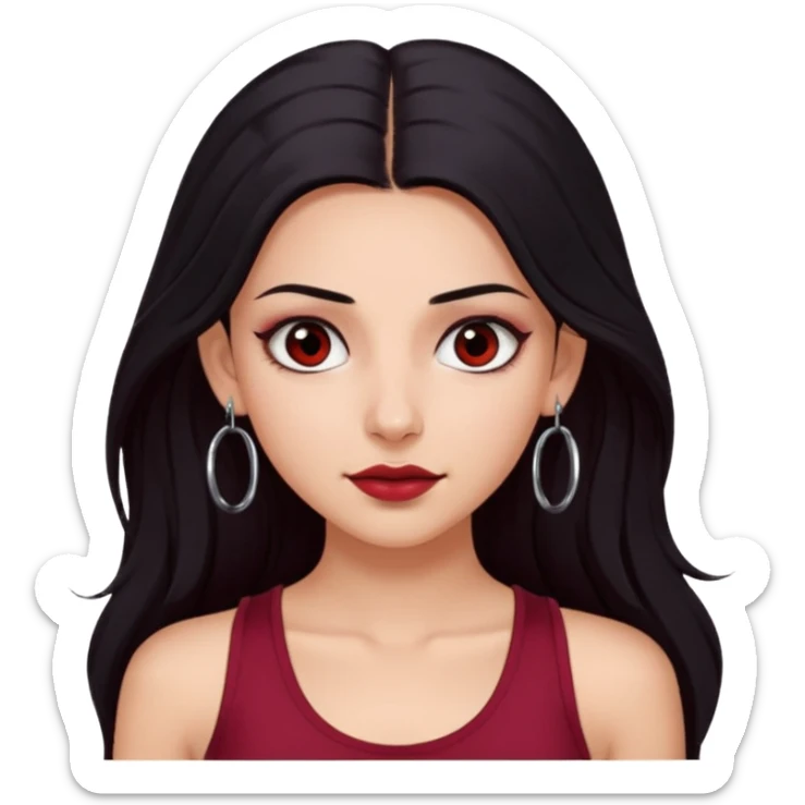 a pretty bratz fair girl with long black hair, kajal under eyes, small silver hoop. Dark cherry red tank top on. Black eyes sticker