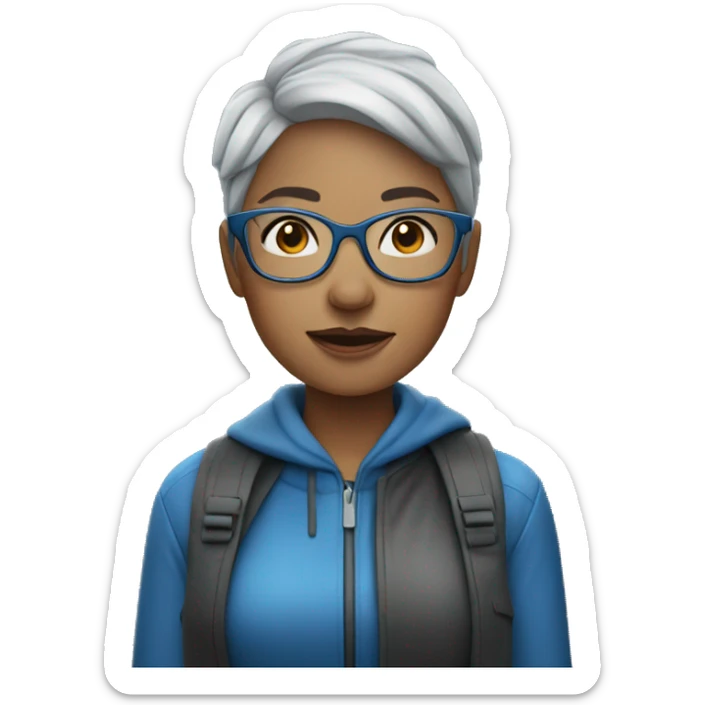Woman with short gray hair and blue rimed glasses in the rain sticker