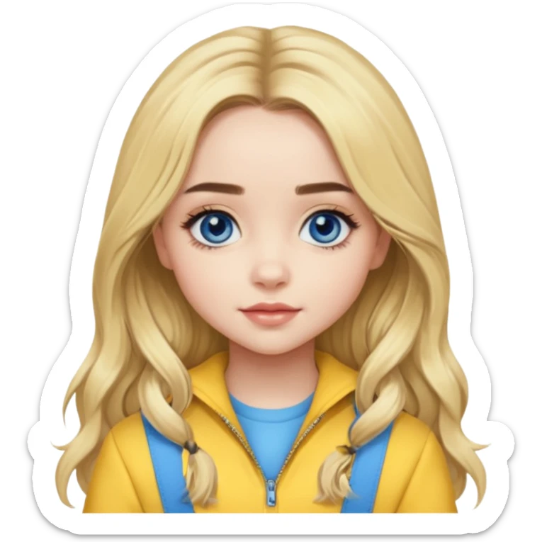 Sabrina Carpenter blue eyes, long blonde hair, yellow outfit sticker