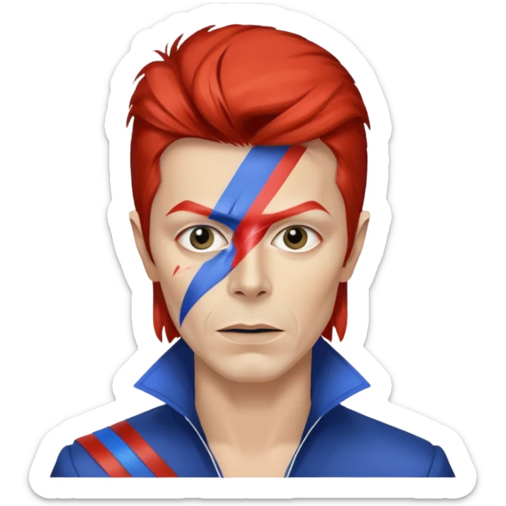 A male rockstar wearing Ebay brand colours and David Bowie face paint sticker