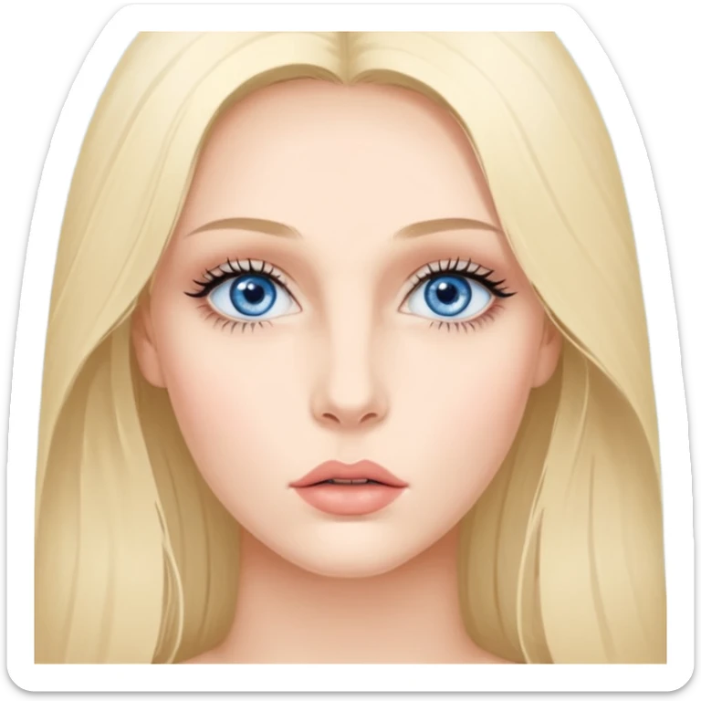 Bonnie Blue Porträt einer jungen Frau mit ovalem Gesicht, großen hellblauen Augen, langen Wimpern und geschwungenen Augenbrauen. Gerade, feine Nase und volle Lippen mit sichtbarem Lächeln. Glatte, leicht gebräunte Haut mit natürlichem Glow. Schulterlanges, blondes Haar mit Locken und Mittelscheitel sticker