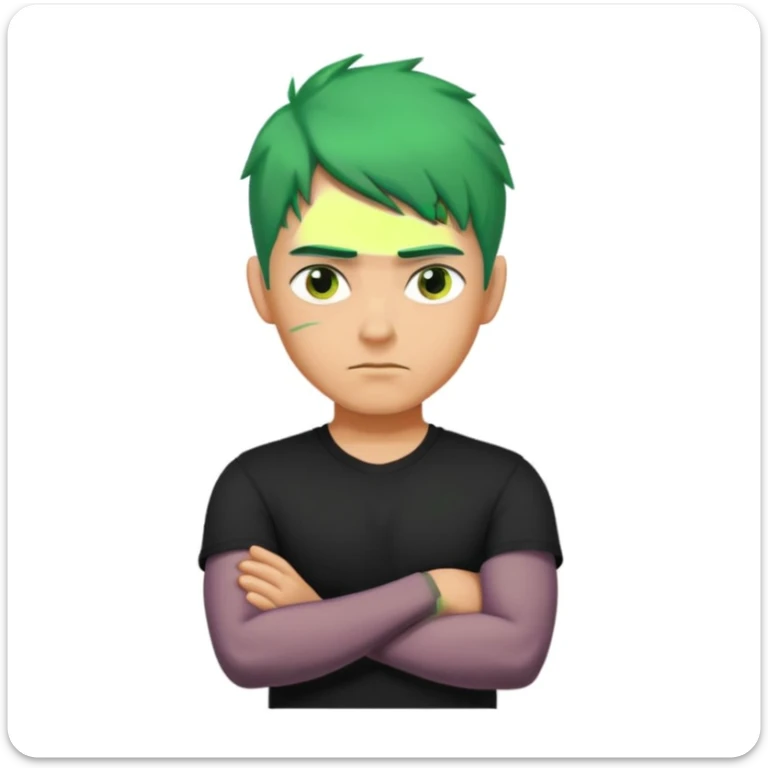 a man with his arms crossed over his chest, green hair, and serious eyes sticker