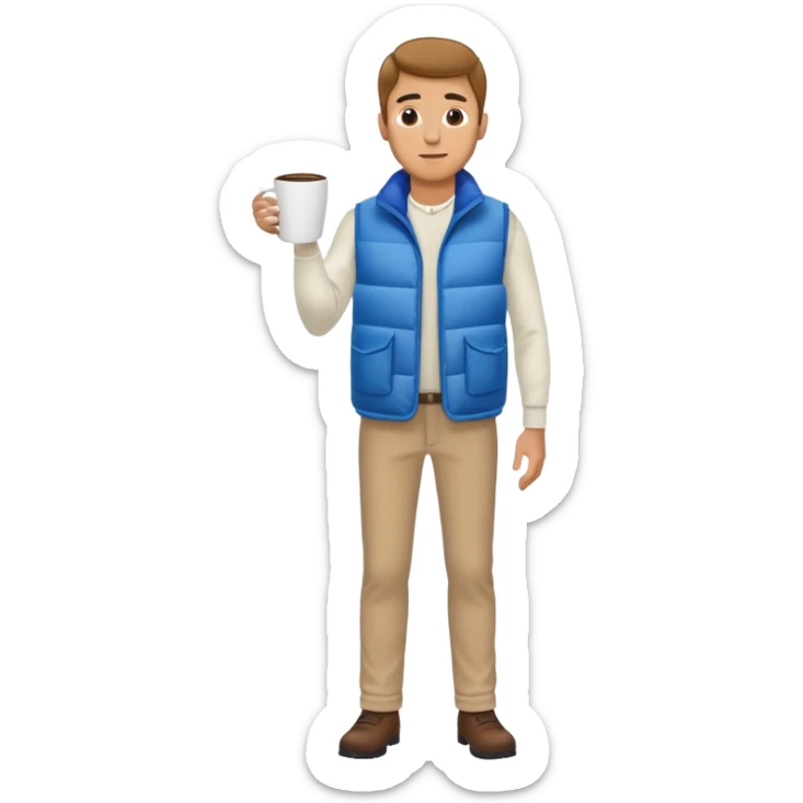 full length man with white long sleeve shirt and blue puffy winter vest WITH NO POCKETS holding a coffee mug in front of him and nothing in his other hand sticker