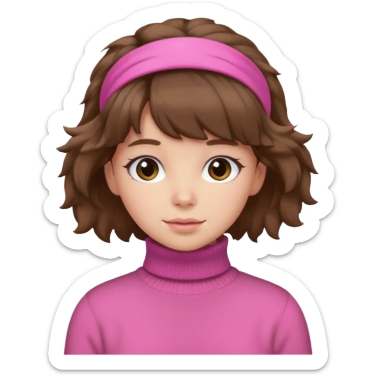 brown fluffy haired girl with pink turtleneck sweater and hair band sticker