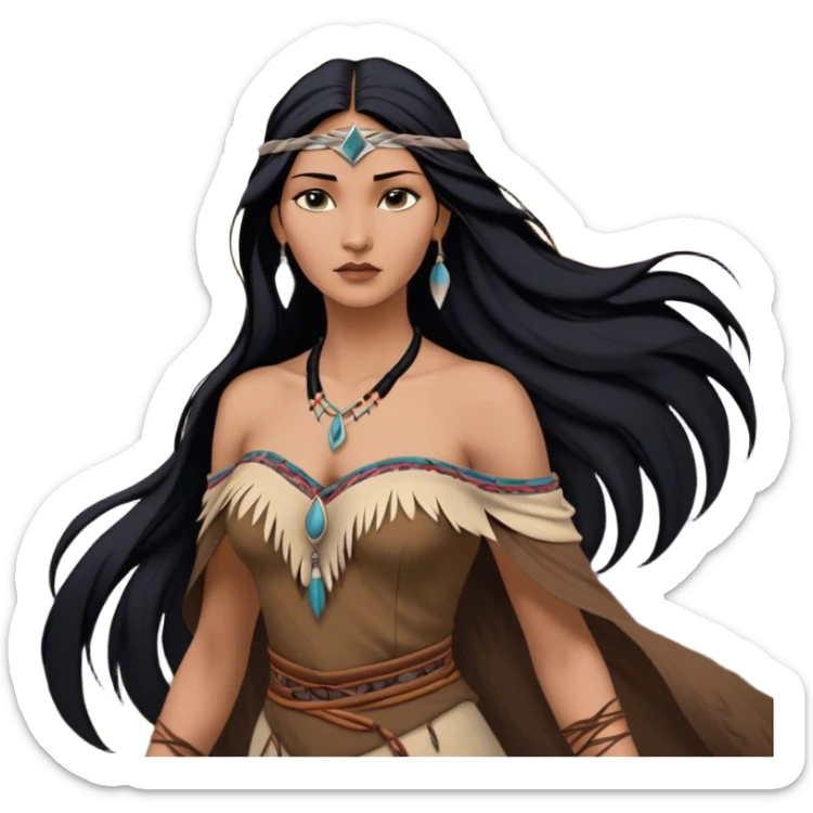 Cinematic Realistic Pocahontas Portrait, depicted with lifelike skin texture, soft natural lighting, and intricately detailed long, flowing raven-black hair that moves gracefully in the wind. Her deep, soulful dark brown eyes exude wisdom and strength, complemented by a serene yet powerful expression. She is dressed in her classic one-shoulder native american dress, with rich fabric textures and delicate beaded details that catch the light beautifully. The portrait features a soft, sun-kissed glow with a natural, radiant finish, capturing the essence of untamed beauty and deep connection to nature in a realistic and painterly style, evoking a sense of depth and authenticity. sticker