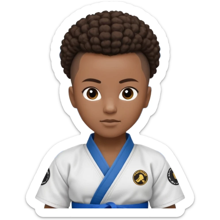 black karate instructor with pony tail afro hair and shaved bald sides haircut, Make the hair brown and the belt blue. Add the roger Gracie academy logo on the go also and the p logo of progress jiu jitsu on the right arm at the top sticker