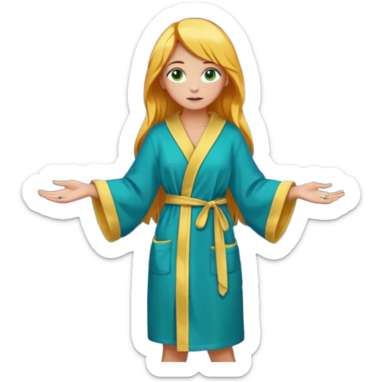 lightly tanned skin, green-blue eyes, cute and sexy girl with bright yellow-brown hair in a dark sky pallete robe, golden rings, slight cute makeup, full body sticker