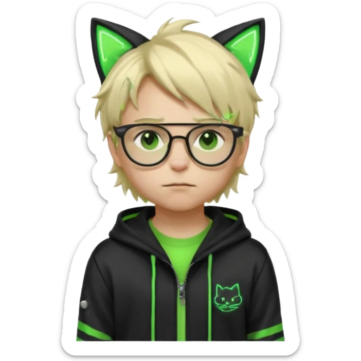 Light blond, slightly messy hair
Black glasses
A black hoodie with cat ears
Neon green details on the jacket and pants (glowing lines and stripes)
An overall hacker / cyberpunk style look
A neutral facial expression (boy eyes brown) sticker