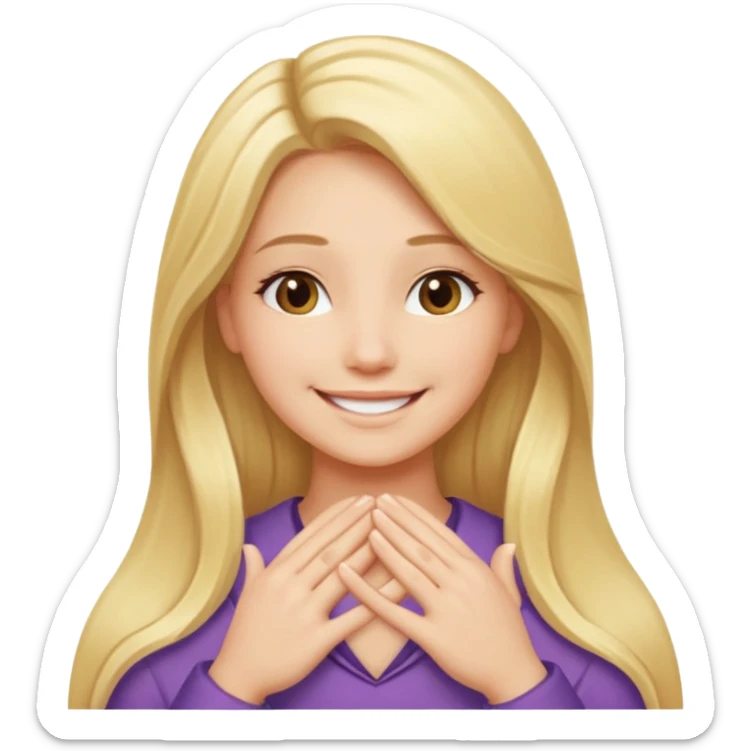 Girl with long blonde hair smiling with hands laying flat in a v shape under chin  sticker