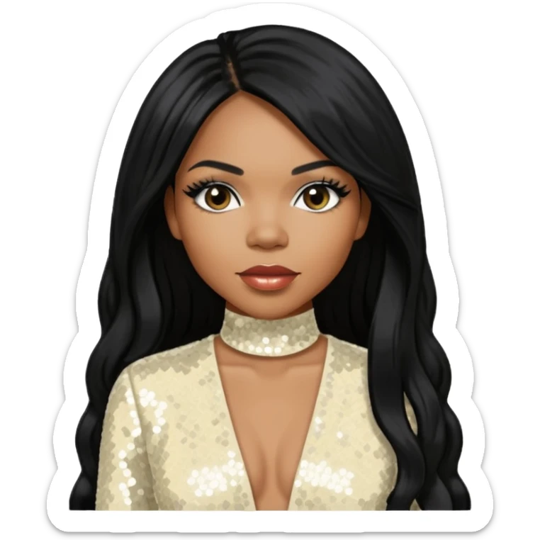 Tenitra Michelle Williams (b.1979), R&B Singer from Destiny's Child with long black hair, ivory sequin outfit, medium dark skin sticker
