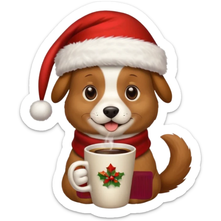 Un perro con un sombrero de Navidad que tenga una taza de café en la mano sticker