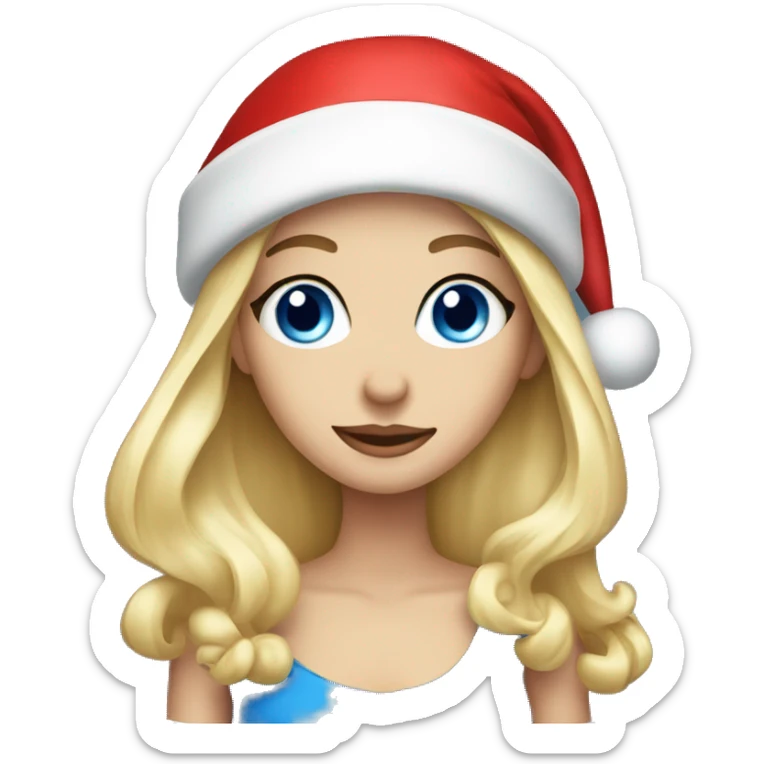 Beautiful blonde blue eyed woman, wearing red santa hat sticker