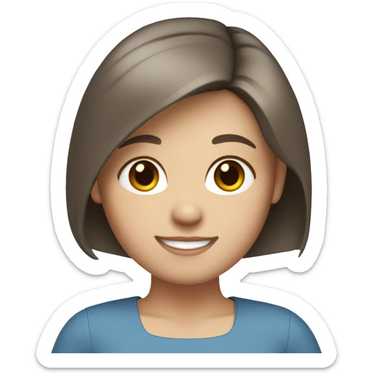 a girl with straight short brown hair, white skin, gray eyes, in a blue blouse is smiling sticker