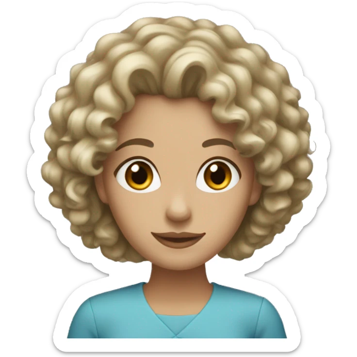 A brunette woman with curly hair with brown eyes and a blonde blue eyes sticker