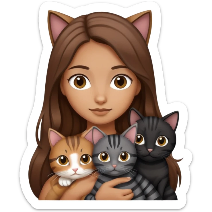 tan girl with long brown hair holding two cats, one black cat and one grey-striped cat sticker