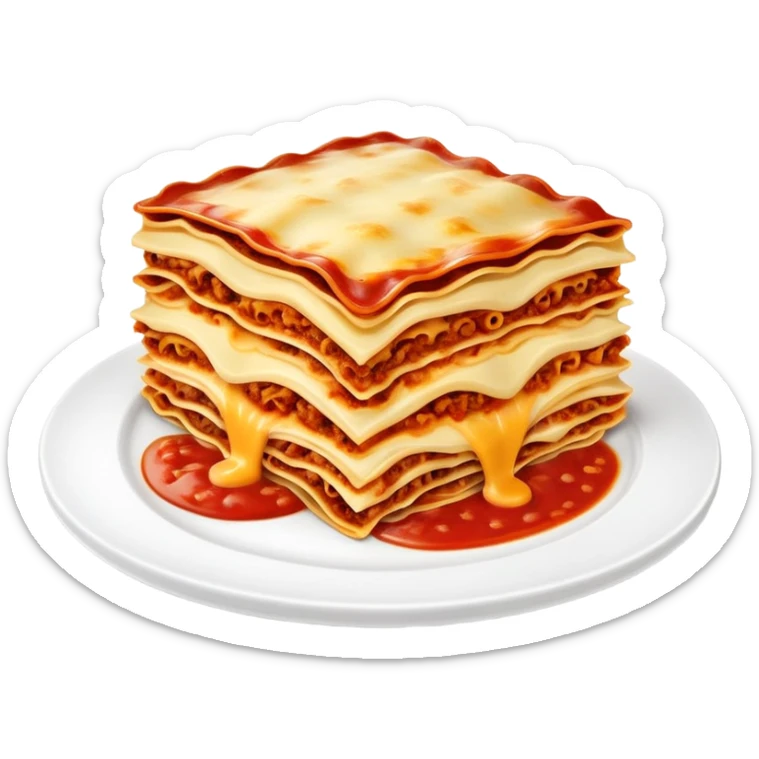 A delicious plate of lasagna with layers of pasta, cheese, and meat sauce, steaming hot sticker
