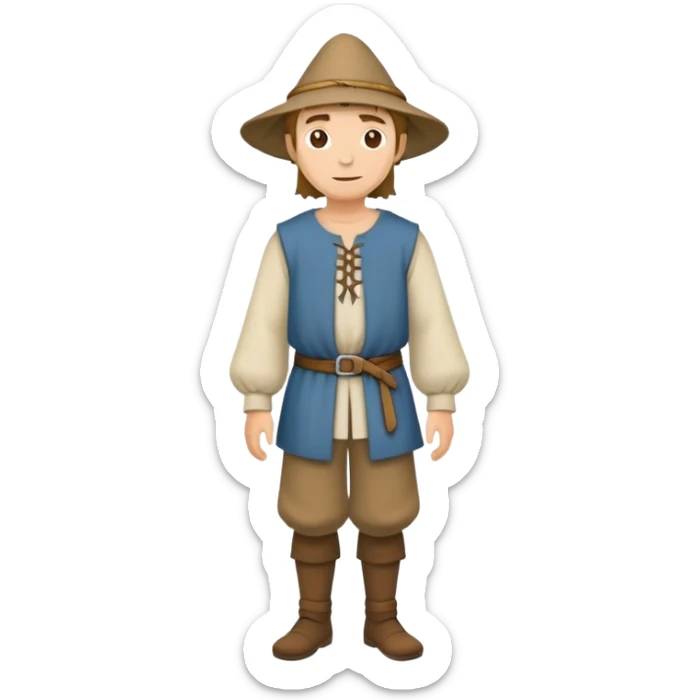 Full body of medieval peasant commoner in simple cloth clothing and hat sticker