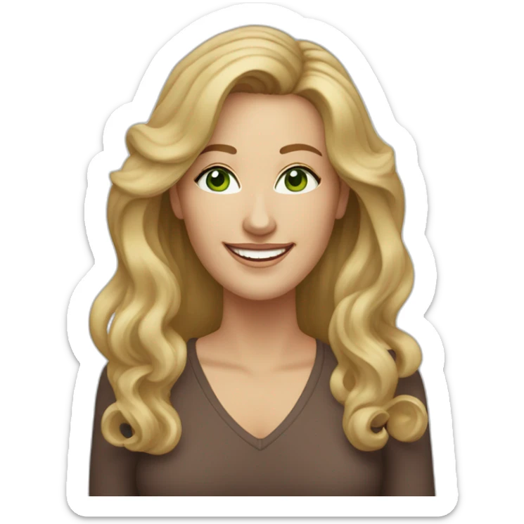 middle aged woman with blond and brown long wavy hair, green eyes and a smile wearing hoop earrings sticker
