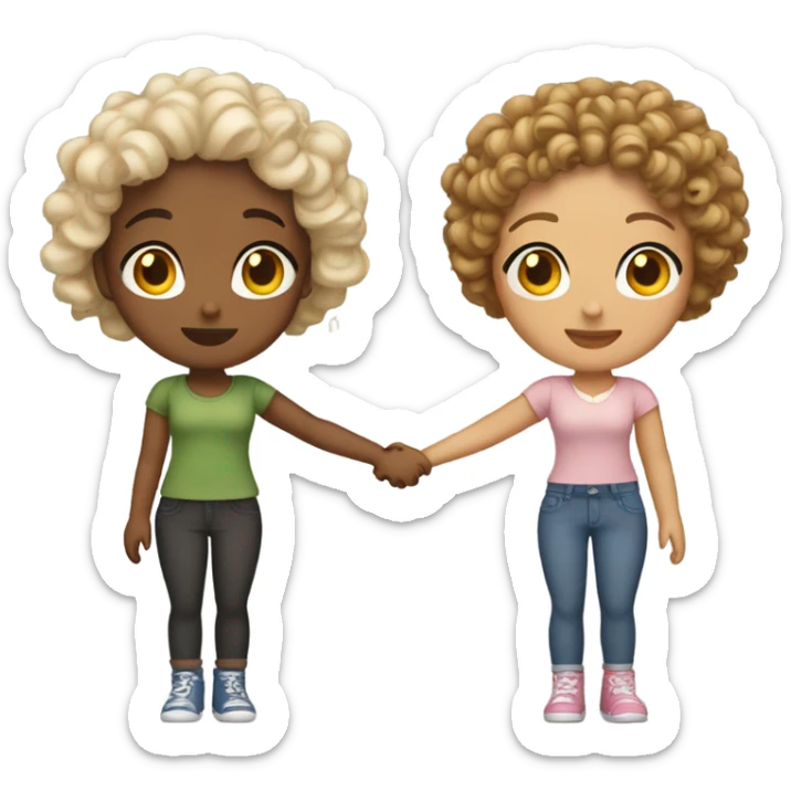 Full body, Two girls holding hands light skin  one  with a curly bun and one  with curly hair sticker
