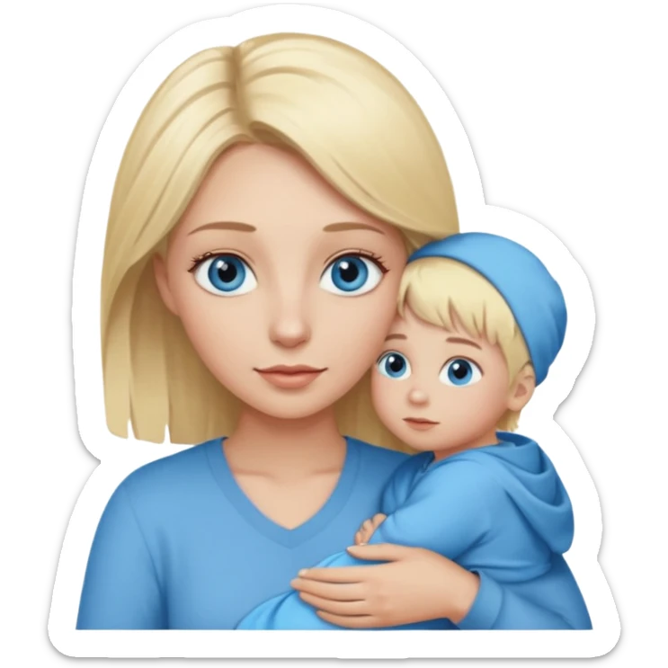 blonde baddie girl  with blue eyes, lashes, long hair Holding her little Boy  sticker
