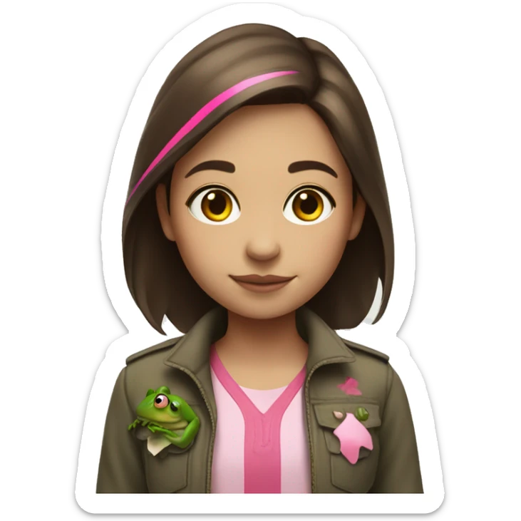 a girl who lives in brixton with medium length brown hair, with a line of pink streak through it, who is standing with a frog on her shoulder sticker