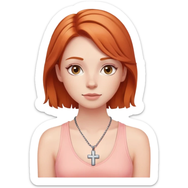 Auburn ginger haired girl with eyelashes wearing a cross necklace and a light coral pink tank top sticker