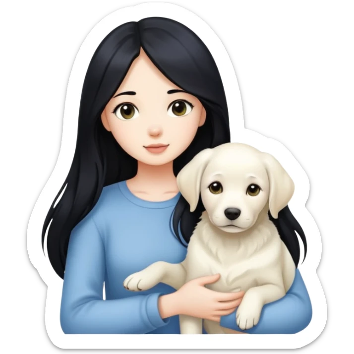A beautiful girl with long black hair and fair skin is holding a white Labrador sticker