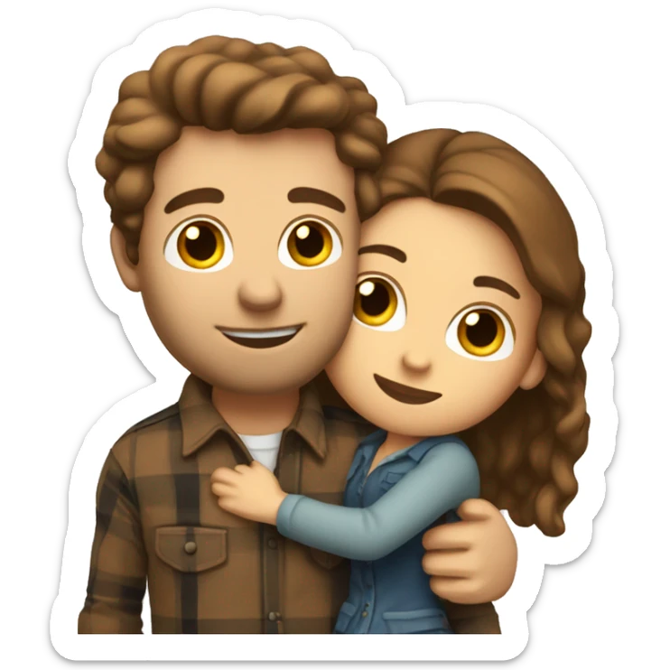 Tall white man with brown hair wearing plaid hugging small brown girlfriend sticker