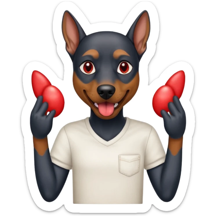 Generate a emoji of a big evil doberman dog with red eyes and a tongue sticking out, give the doberman a human body with a white shirt and baggy jeans sticker