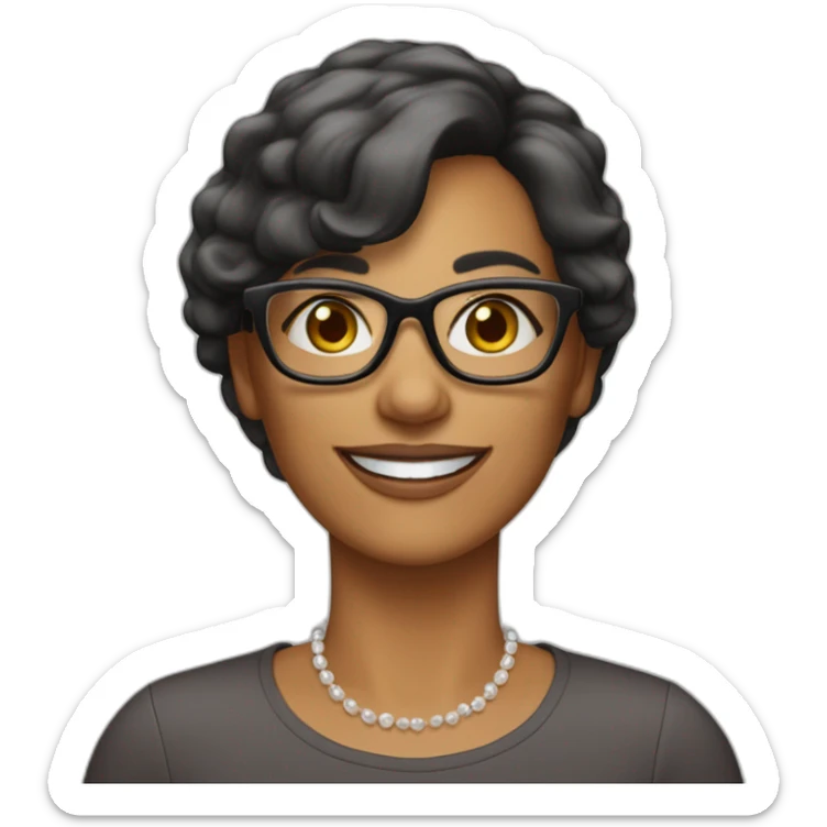 femme 55 ans cheveux noirs très courts et lisses lunettes yeux bruns souriante peau claire sticker