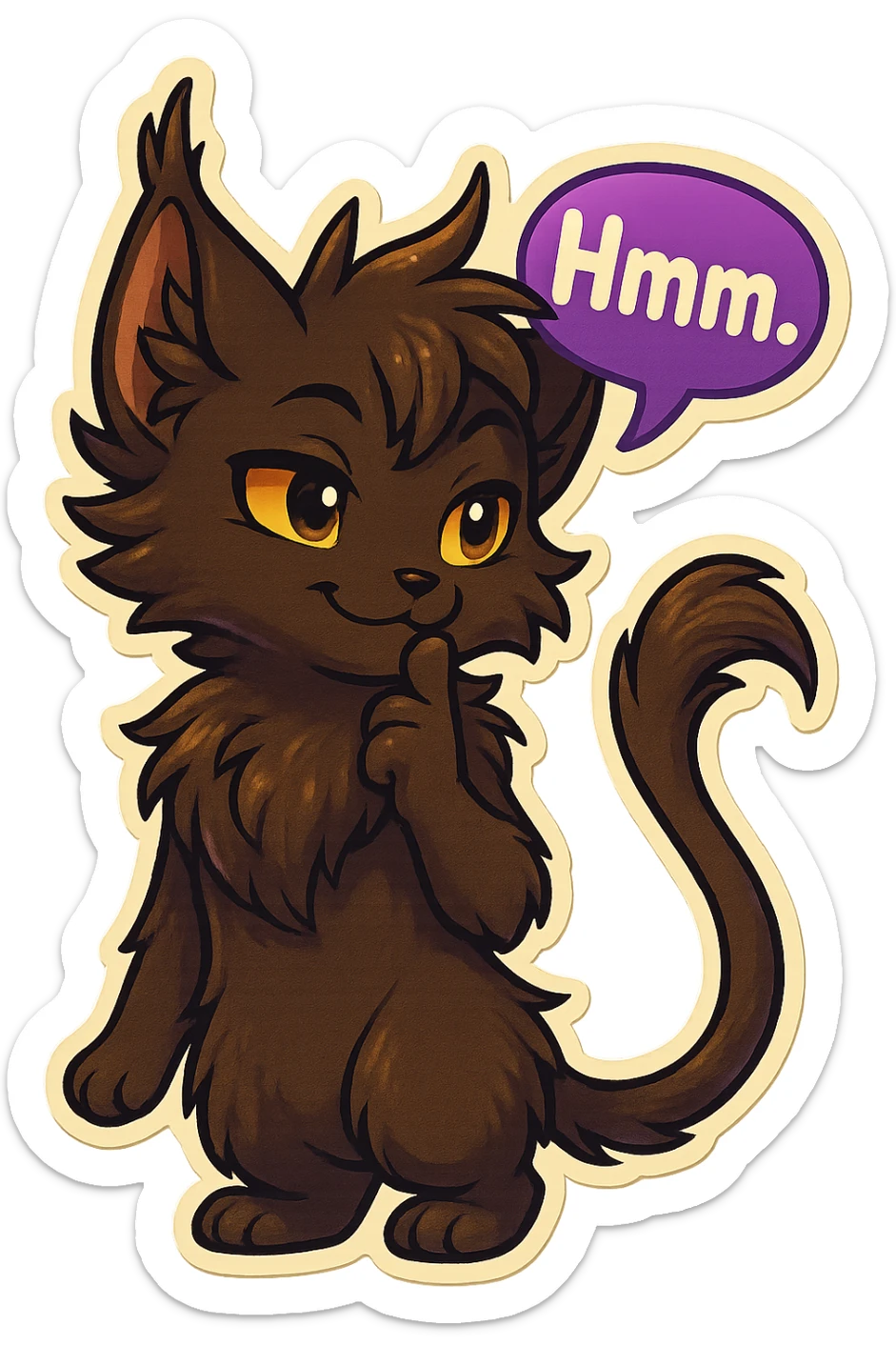 a dark-brown fluffy cute kawaii anthropomorphic furry anime cat-furry with tufted ears, golden eyes, and a long thin tufted tail, thinking, smirking thoughtfully, saying “Hmm..” with a purple speech bubble, (cartoon style) (cute anime style) (furry style) (deviantArt style) (artist style: Kamirah) sticker