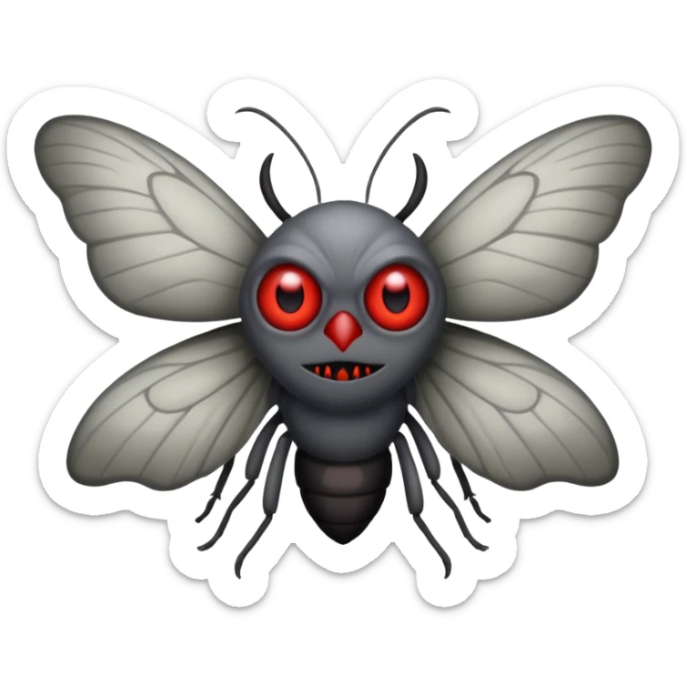 Create a scary emoji of the Mothman with bright red eyes and as depicted in the legend. Make it less bird like and more Moth / Human hybrid sticker