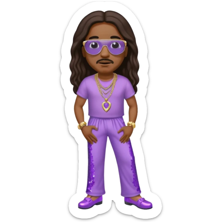 Stevie Wonder with long dark brown hair, lilac sequin baggy pants, shirtless with necklace sticker