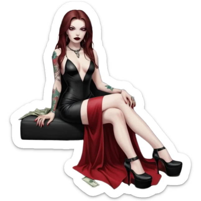 Lilith symbol red eye seductress evil long brown haired sexy succubus woman with leather long dress with slit, sitting in Big Large F350 pickup truck. Black Platform high heels on feet. Tattoo sleeve arms, seat full of stacks of cash, and a man dead human skull of her enemies and a gun in other hand sticker