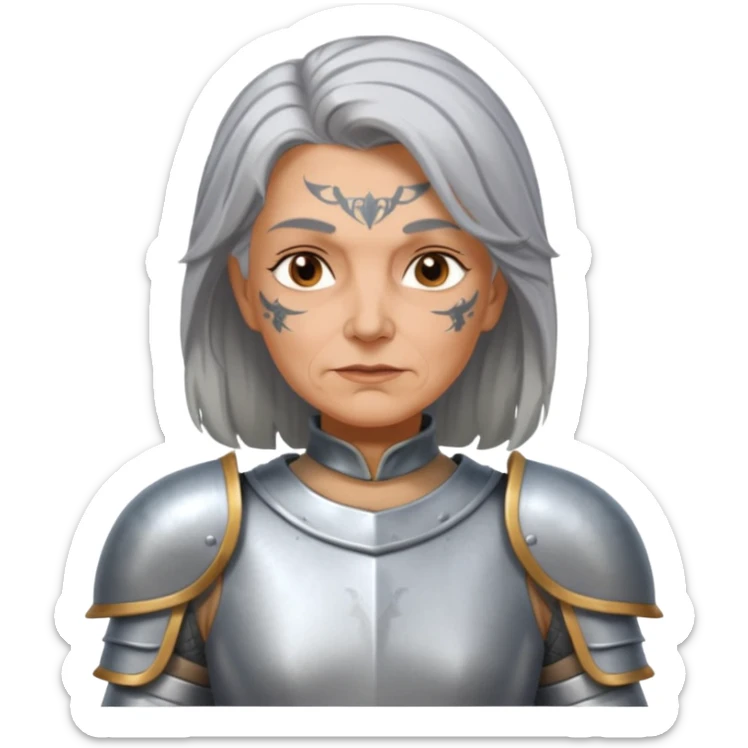 elderly tattooed knight, tattooed shoulder, long hair, female sticker