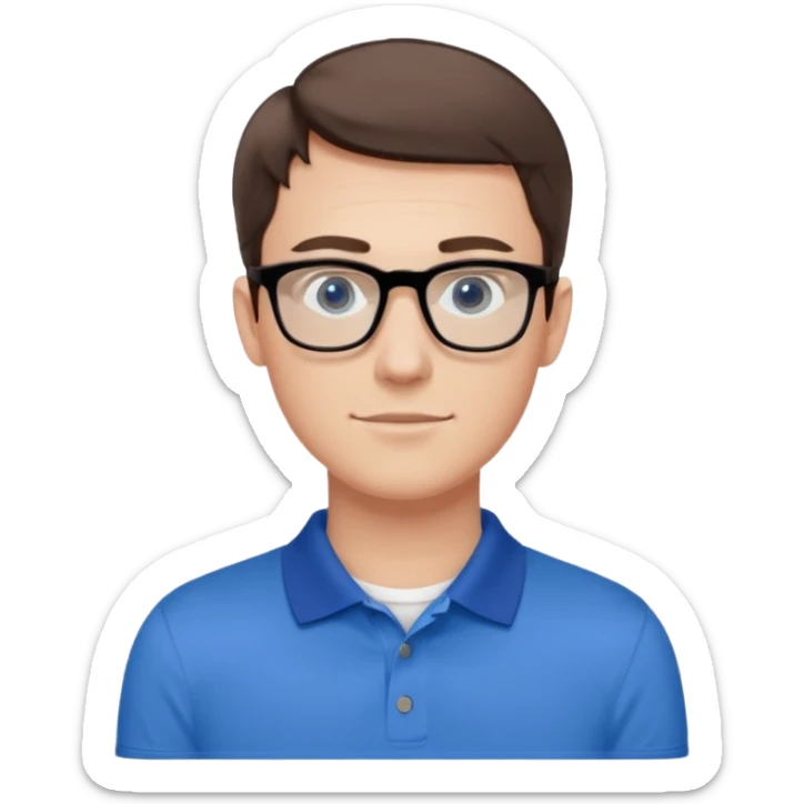 Young white man, late 20s, short brown hair, blue eyes, clean-shaven, thin black rectangular glasses, slim build, wearing a blue polo shirt, friendly and energetic look. sticker