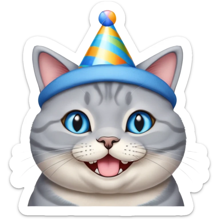 Happy British shorthair blue cat with a big smile wearing a colorful birthday hat sticker