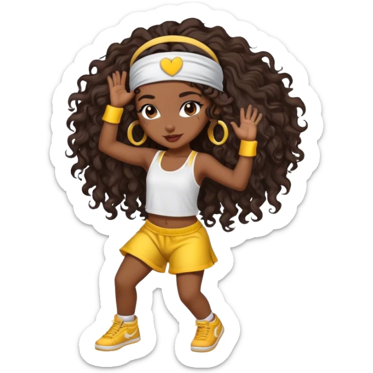 Dancing brown girl with long darn brown curly hair with headband hip hop sticker