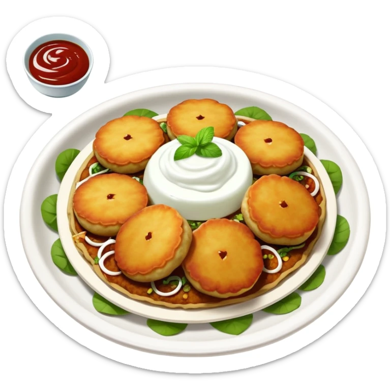 Aloo Tikki Chaat, Indian street food with potato patties, yogurt, and chutneys sticker