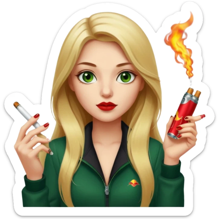 white, honey blonde long hair pretty girl with green eyes, smoking a cigarette and a red bull in hand, dark red nails, looking cool  sticker