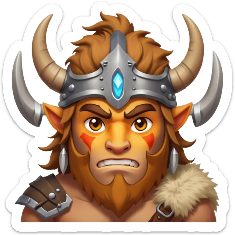 Clash of Clans aesthetic: Cinematic Fierce Barbarian Portrait Emoji, Poised and bold with a rugged yet cartoonish build in tattered furs and a horned helmet, his exposed skin a rich tan, expressive bright eyes and a confident smirk, Simplified yet dynamic features, highly detailed, glowing with a vivid, adventurous aura, high shine, heroic and spirited, stylized with an air of medieval warrior charm, focused and energetic, soft glowing outline, capturing the essence of a fearless barbarian adventurer ready to lead his clan with spirited valor! sticker