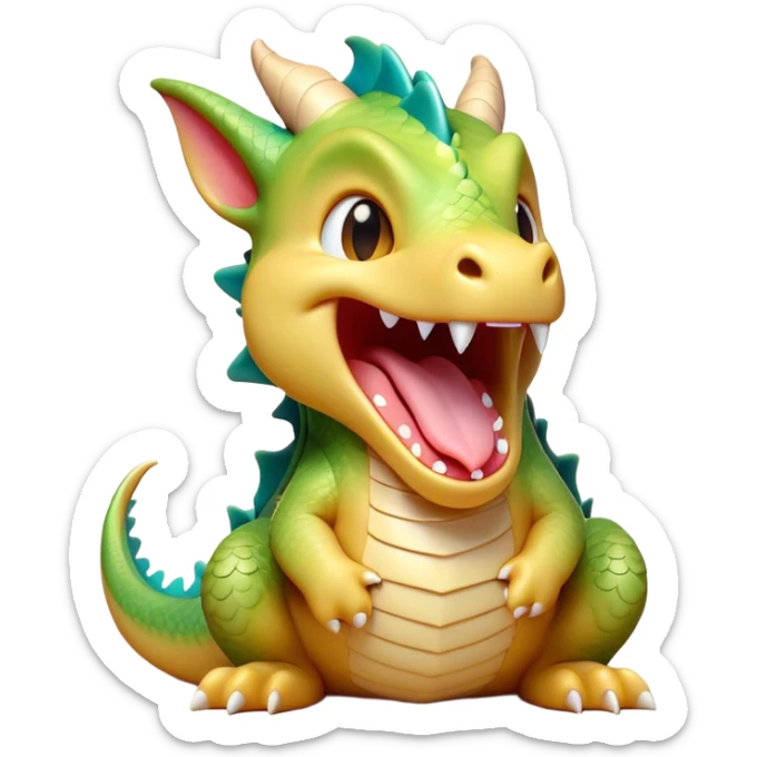 Cinematic Cute Yawning Dragon Portrait Emoji, Head tilted slightly with a dramatic, wide-open yawn, showcasing a soft, lustrous scaled body with gently drooping fins and half-closed, drowsy eyes, each scale rendered in exquisite detail under natural light; high shine, relaxed yet expressive, styled with a dash of fantastical charm, soft glowing outline, capturing the essence of a sleepy yet affectionate dragon that appears ready to stretch out and rest in its enchanted lair! sticker